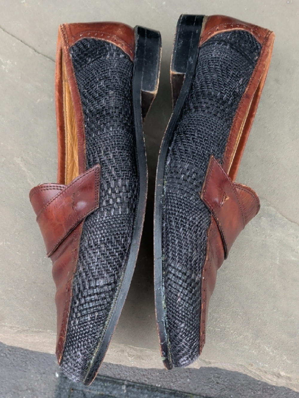 Johnston&Murphy/Made In Italy Men's Brown Leather & Charcoal Woven Penny Loafers - Picture 12 of 14